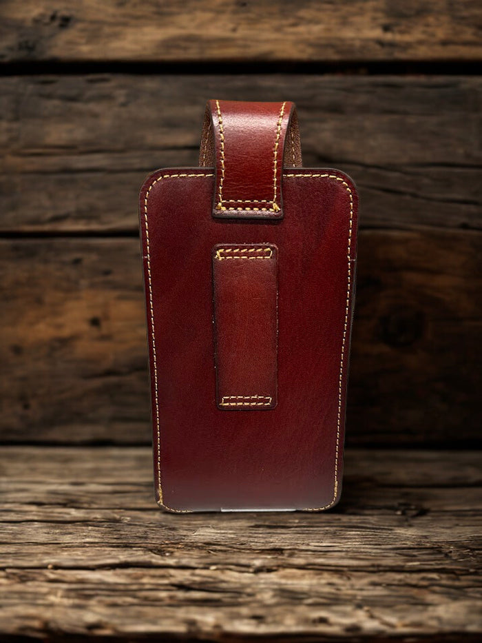 Brown leather phone case with a embossed Horse design. Rear view showing belt loop.