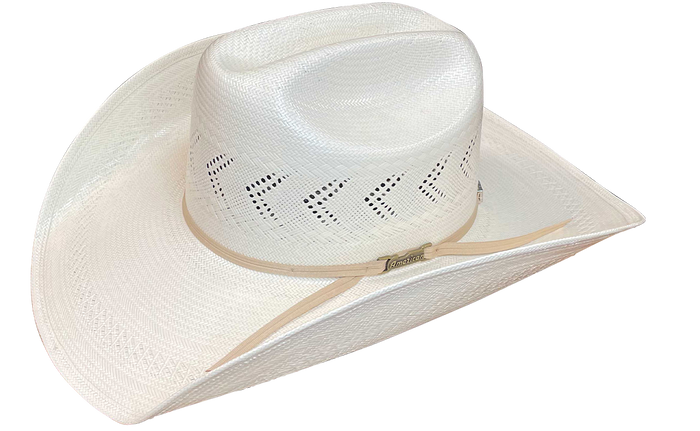 American Hat Company straw hat with a rancher crease, side profile highlighting hat band.