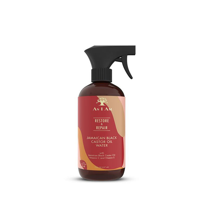 AS I AM Jamaican black castor oil spray in a brown bottle with black trigger spray for hair care