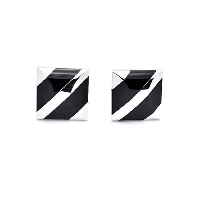 T.M.J black onyx cufflinks with silver diagonal stripes and square design