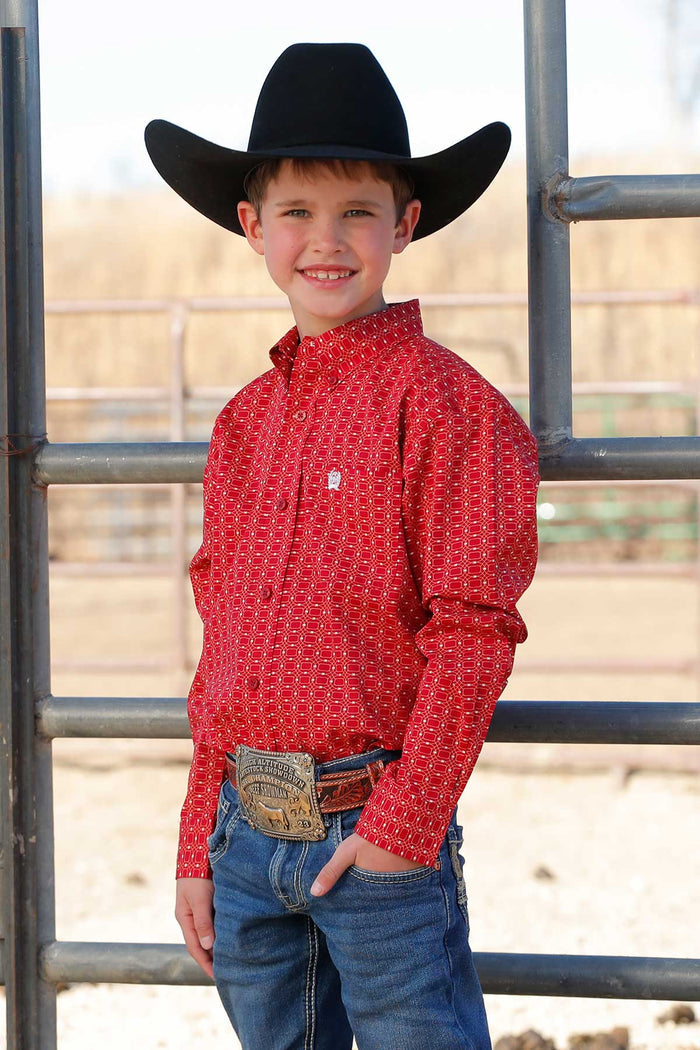 Boy's Cinch MTW7060362 Red Long Sleeve Button Down Shirt