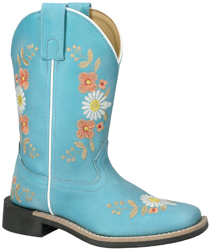 A turquoise children's boot with floral embroidery and a square toe.