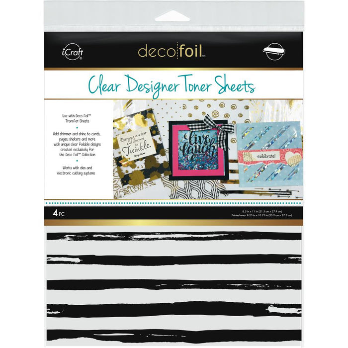 Add shimmer and shine to cards, pages, shakers and more! Works with dies and electronic cutting systems. These packages contain four 8.5x11 inch clear toner sheets. Comes in a variety of designs. Each sold separately. Made in USA. Currently Available: Distressed Lines and Doodles. Available at Embellish Away located in Bowmanville Ontario Canada.