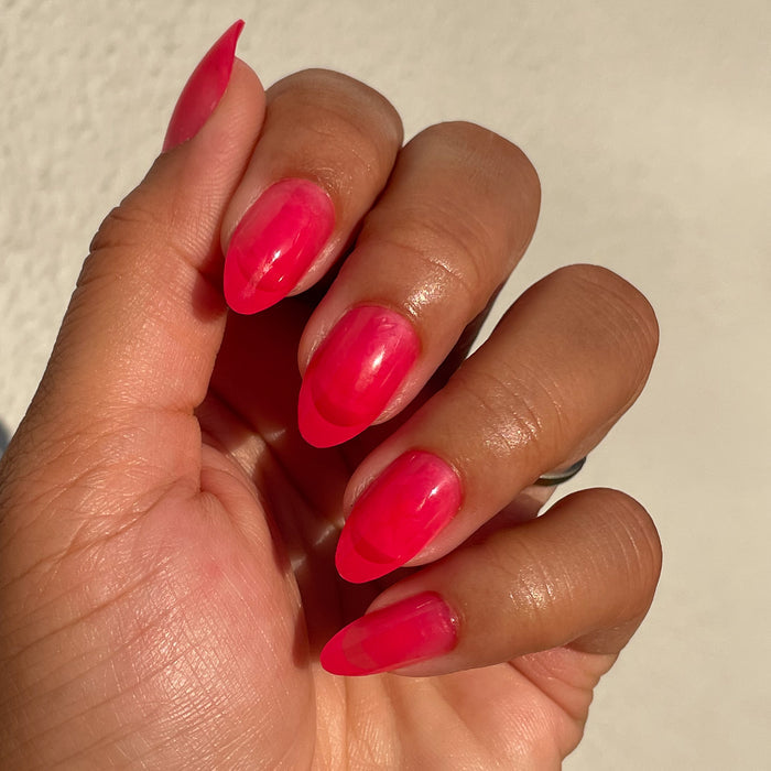 Double Pink Jelly French - Press-On | Medium | Almond bright medium almond false nails with glossy pink jelly finish for at-home mani