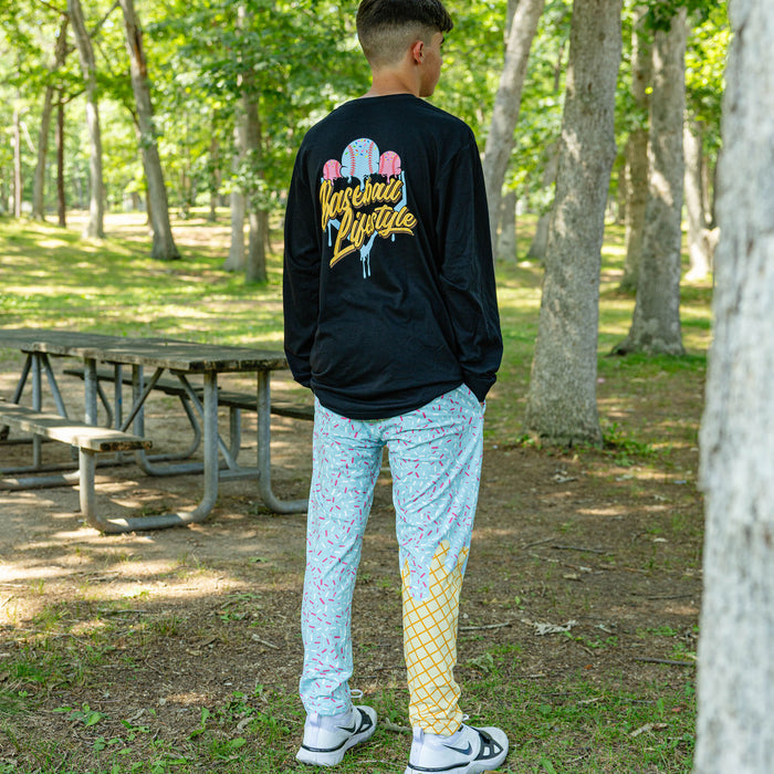 Adult model wearing ice Cream Pajama Pants Cotton Candy Blue pants