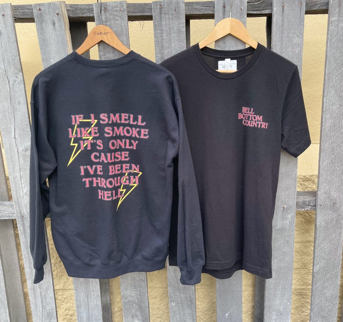 Front view that is same on tee and sweatshirt: left chest in red block print reads: BELL BOTTOM COUNTRY.