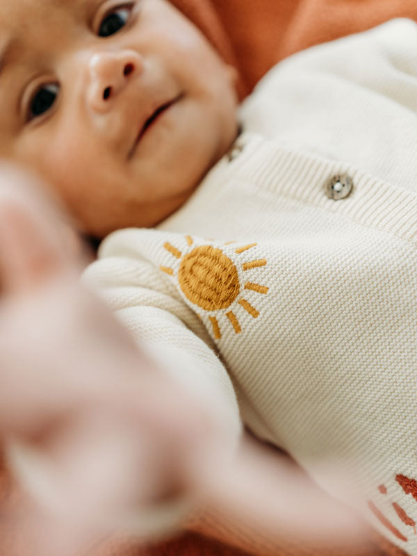 Little & Loved Dino Applique Baby Cardigan (Organic Cotton) Sun Embroidery