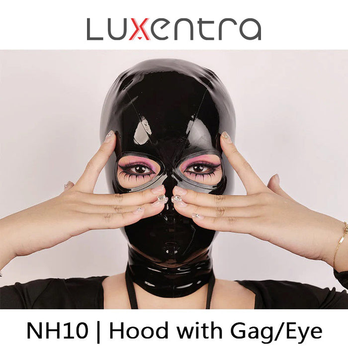Inthemask by Moli's LUXENTRA NH10 full-coverage latex hood for immersive role-play, shown in black latex on a mannequin.