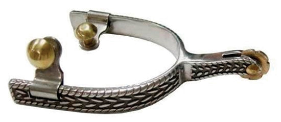 American Heritage Equine stainless steel men's spurs with an engraved trim and brass buttons and rowel.