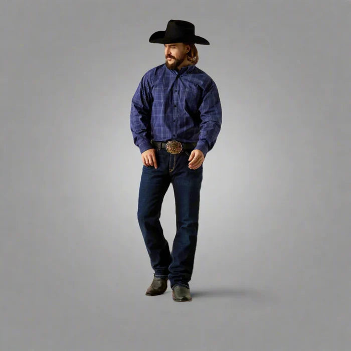Men's Ariat long sleeve classic fit shirt in Navy. Full front view showing shirt