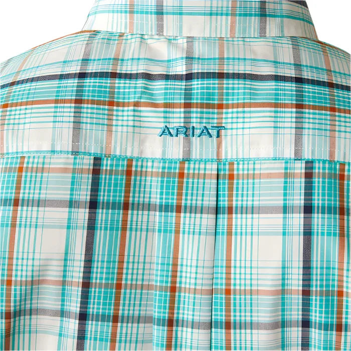 Men's Ariat Pro Series long sleeve shirt in Teal Plaid. Rear view close up of blocked Ariat logo on yoke.
