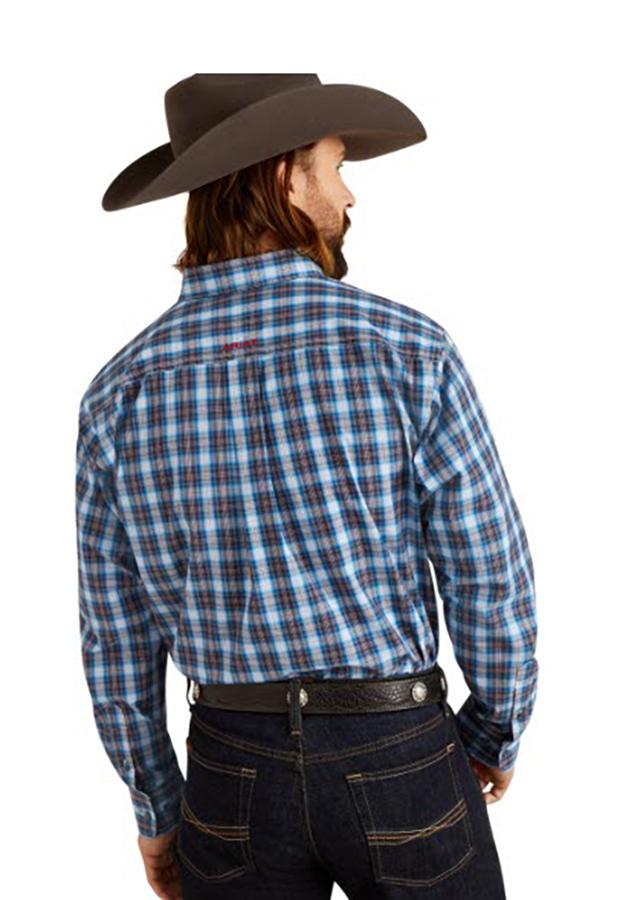 Men's Ariat long sleeve Blue Plaid shirt. Rear view showing shirt tucked in.