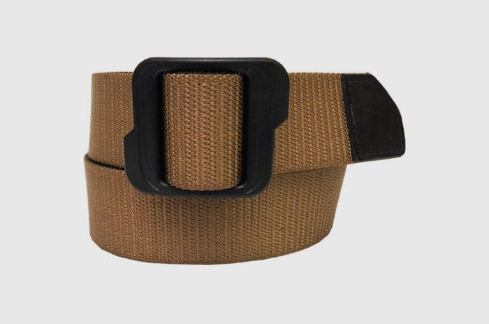 A reversible tactical web belt with a black and khaki color, featuring a plastic buckle and a leather patch with the Berne logo.