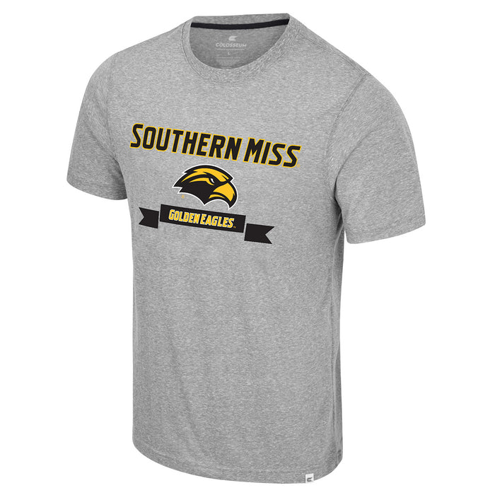 Men's Colosseum Athletics Heather Grey short sleeve T-shirt with Southern Miss Golden Eagles graphic print. Front View