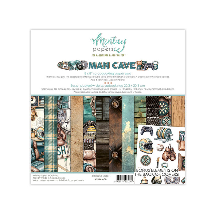 Mintay - 8X8 Paper Pad - Man Cave. A strong masculine vibe, created around hobbies, reflections. Available at Embellish Away in Bowmanville Ontario Canada.