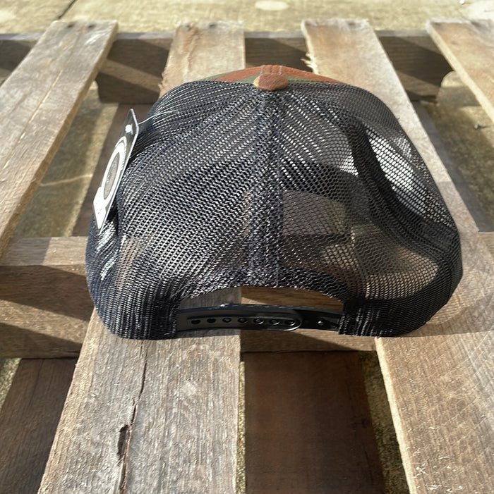 Camouflaged snapback cap with an embroidered American flag patch on the front and a Black mesh back. Rear View