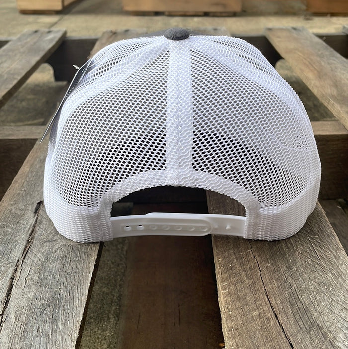 Charcoal and white mesh back Pit Bull Snapback cap with an embroidered American flag patch on the front. Rear View