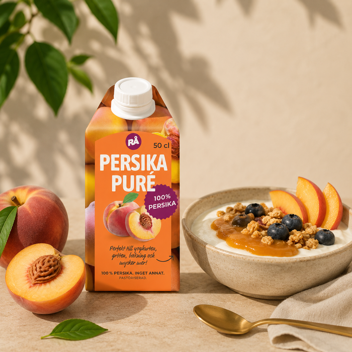 RÅ - pasteuriseret frugtpuré 100% fersken, 50 ml.