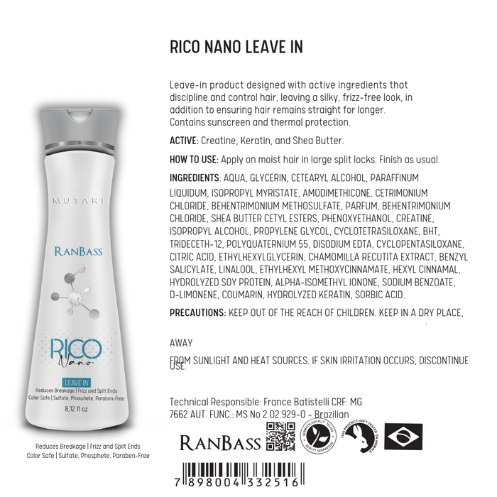 Rico Nano 3 Steps - Daily maintenance Set for hair subjected to Nanoplasty, keratin treatments, and general straightening (Shampoo 8.12 fl. oz + Conditioner 10.58 oz + Leave-in 8.12 fl. oz). All steps are SULFATE-FREE and feature COLOR SAFE technology.