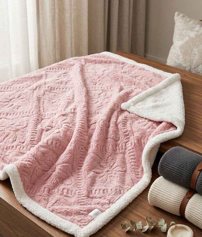Soft Fleece Blanket | Double-Sided Sherpa | Embossed Floral Design | Warm & Cozy - Pink