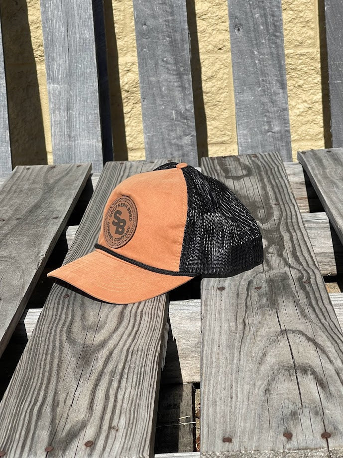 Southern Bred Apparel Company Logo Caramel Leather Patch Richardson 939 Snap Back Cap Toast/Black Clearance