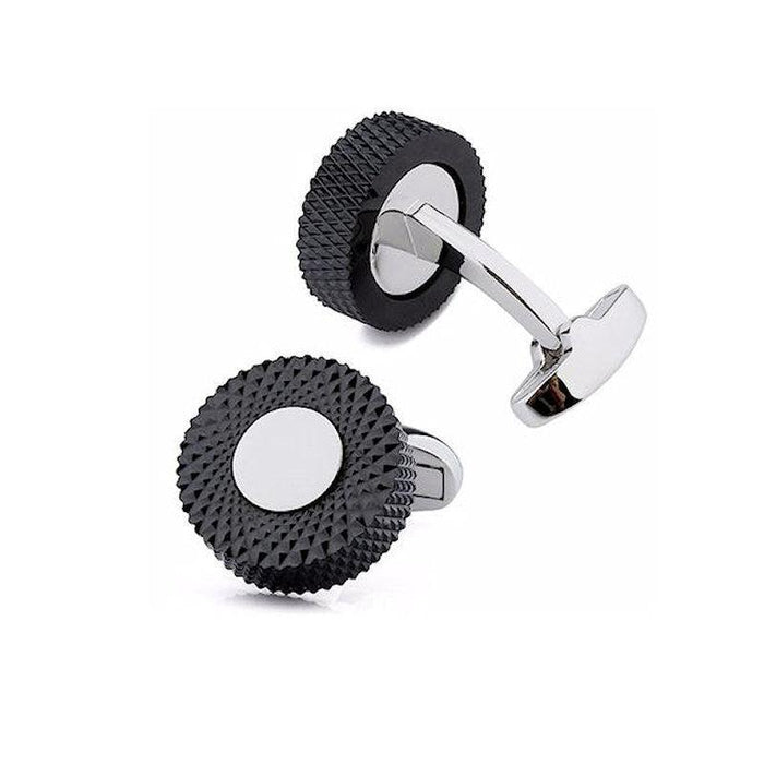 T.M.J plain metal gunmetal cufflinks for men with textured black circular design