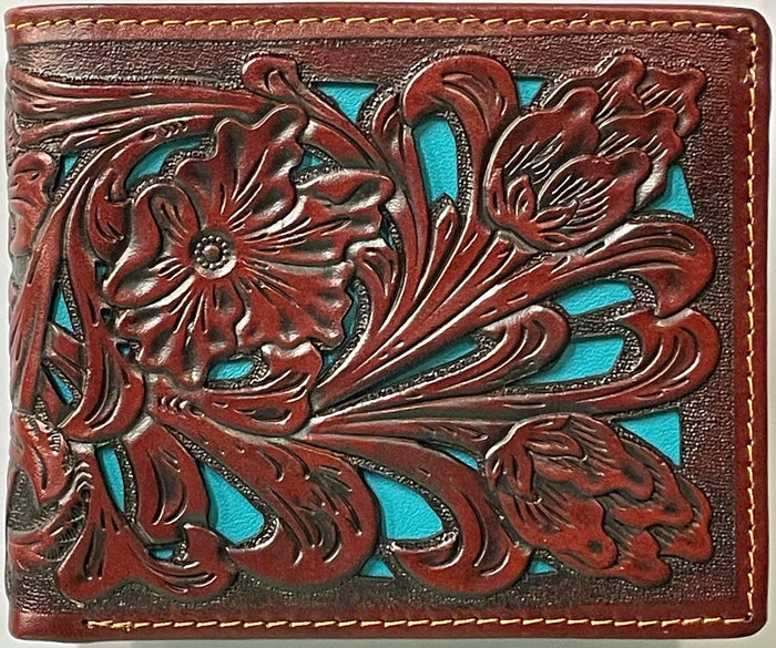 This Brown tooled leather bifold wallet has a Turquoise inlay.