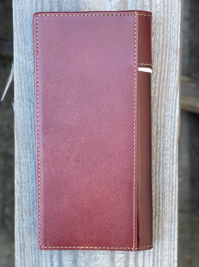 Brown leather tall wallet with Beige inlay and a embossed Rooster design. Rear View