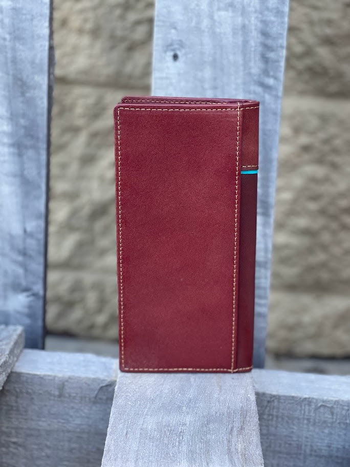 Brown leather tall wallet with a embossed Rooster design and turquoise blue inlay. Rear view