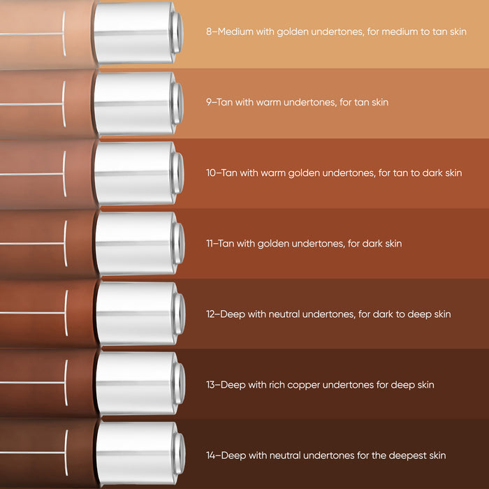 A vertical color guide showing seven shades of tan and deep brown eyeshadow pencils with silver caps, labeled with shade numbers and names from 8 to 14 with text descriptions for skin tone matching.
