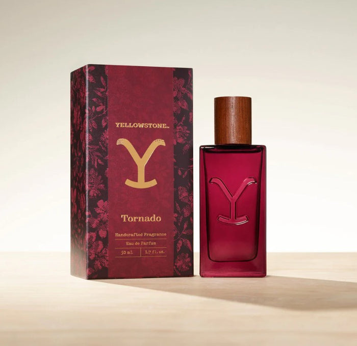 A bottle of Tru Fragrance Yellowstone Tornado Women's Perfume with a maroon label and packaging, featuring a wooden cap.