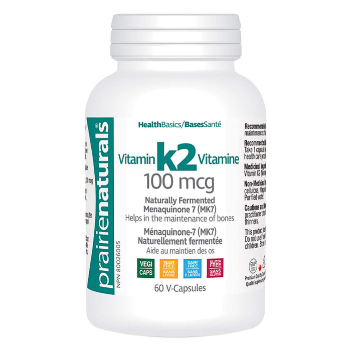 Bottle of Prairie Naturals Vitamin K2 100 mcg 60 V-Capsules