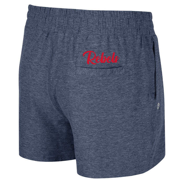 Women's Colosseum Athletics navy blue shorts with side and a back pocket, featuring an elastic waistband with flat cotton drawcords, and the 'Ole Miss' logo on the left leg. Rear view showing t Rebels graphic print on top of back pocket.