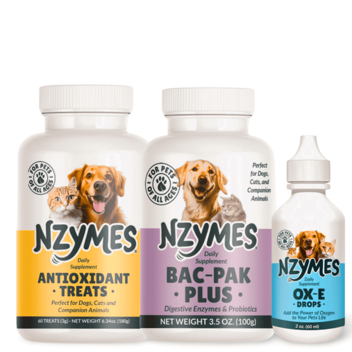 Nzymes® Worry Less Bundle – Antioxidant Treats, Bac-Pak Plus & Ox-E Drops for Digestion, Immune & Skin Support