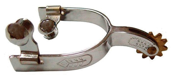 Closeup of a youth spur from American Heritage Equine that is made of chrome plated malleable iron with a copper rowel and nickel plated attachment buttons.