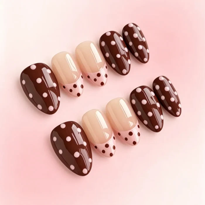 10pcs high-end Cute Malade style, hand-drawn dots, pink and coffee color contrast handmade fake nails
