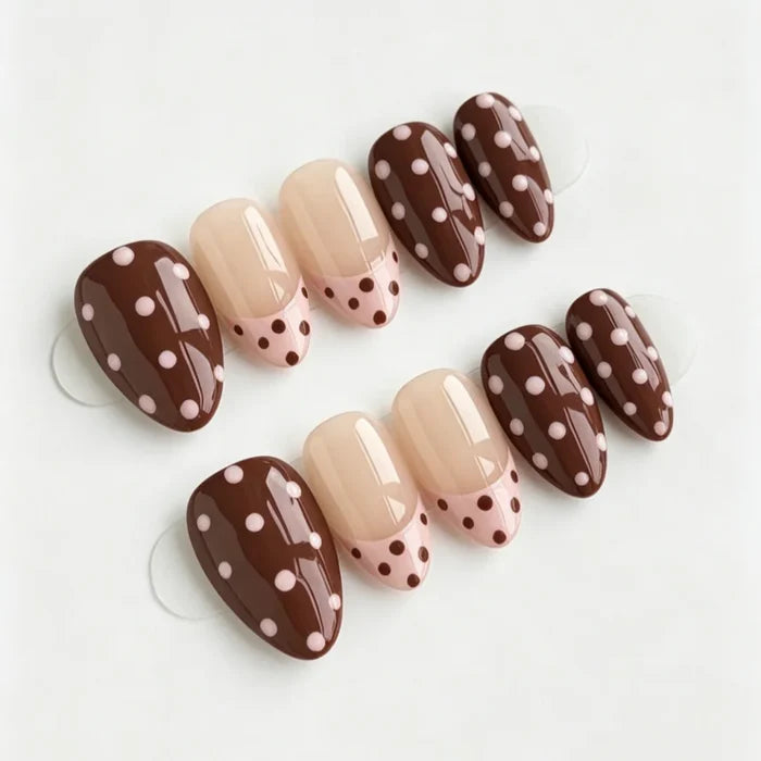 10pcs high-end Cute Malade style, hand-drawn dots, pink and coffee color contrast handmade fake nails
