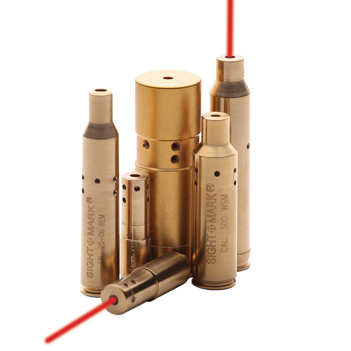 .223 NATO boresight with red laser dot activated for precise sight alignment and scope adjustment