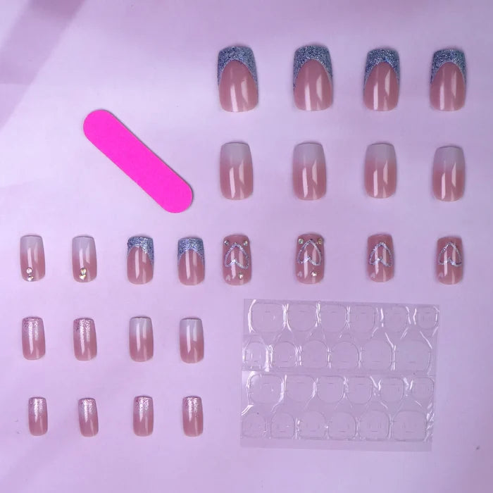 24 PCs Short French Gradient Love Nails with 1 Jelly Gel and 1 Nail File-For Girl Mother Women Gift
