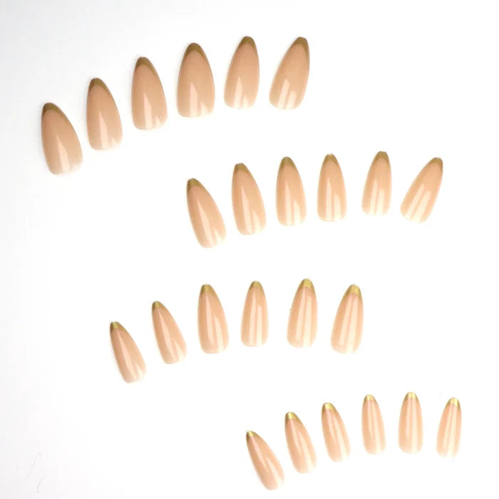 24PCS Almond-Pressed Nail Shorts, Pink False Nails, Elegantly Crafted Golden French Tips Golden and Charming