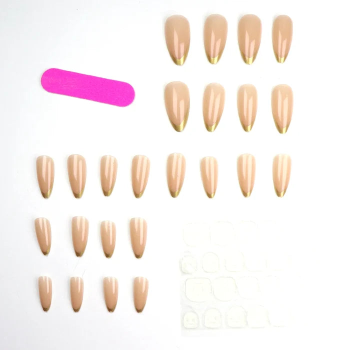 24PCS Almond-Pressed Nail Shorts, Pink False Nails, Elegantly Crafted Golden French Tips Golden and Charming