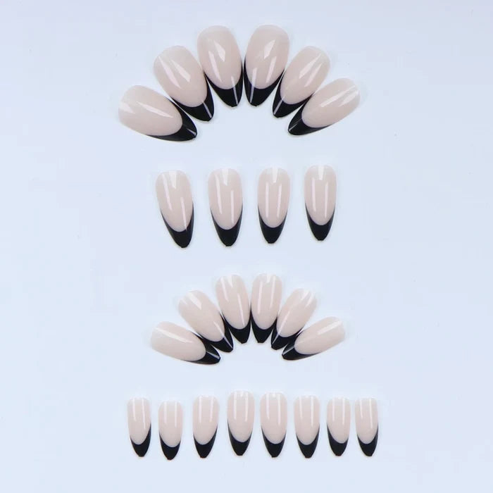 24PCS Black French Pointed Nail, Short Almond Nail Press, Women'S Acrylic French Nail, Short French Fake Nail
