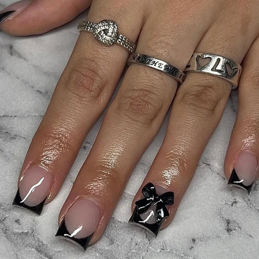 24pcs Press on Nails Short Bowknot Black Press on Nails Sweet French Tip Press on Nails Cute Nail Artificial