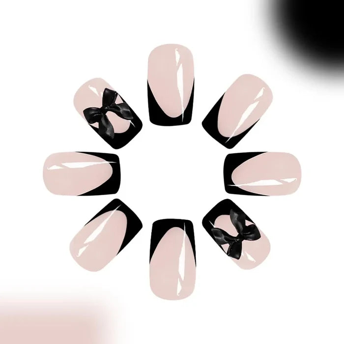 24pcs Press on Nails Short Bowknot Black Press on Nails Sweet French Tip Press on Nails Cute Nail Artificial