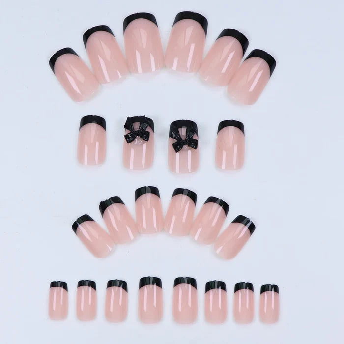 24pcs Press on Nails Short Bowknot Black Press on Nails Sweet French Tip Press on Nails Cute Nail Artificial