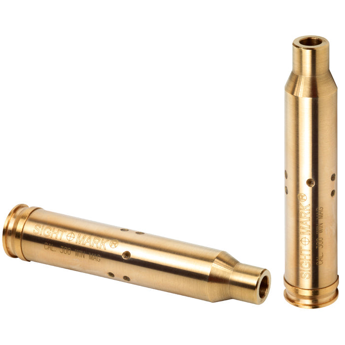 Single .300 Winchester Magnum boresight showing brass construction and laser alignment system