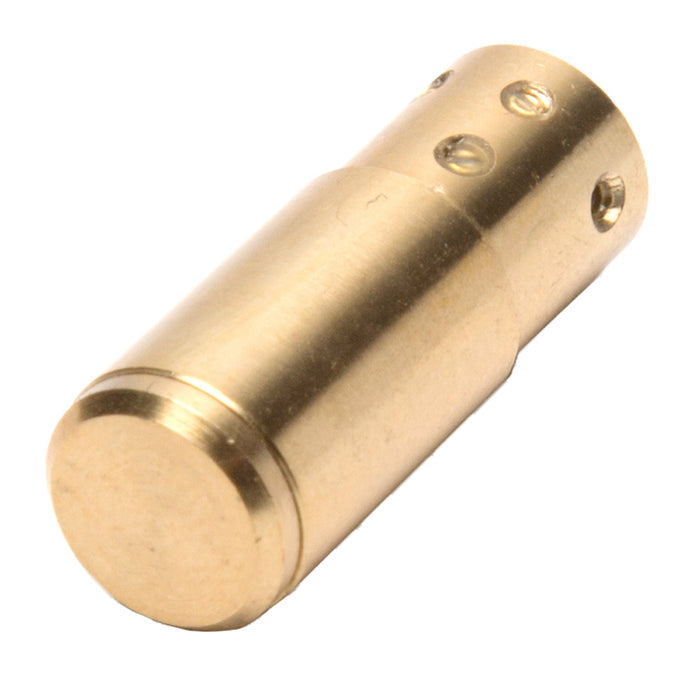 End view of .380 ACP pistol boresight displaying laser dot aperture and battery compartment