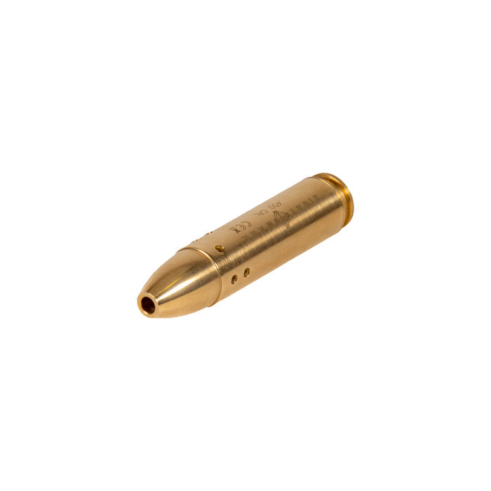 Angled view of .450 Bushmaster boresight cartridge displaying laser aperture and brass finish