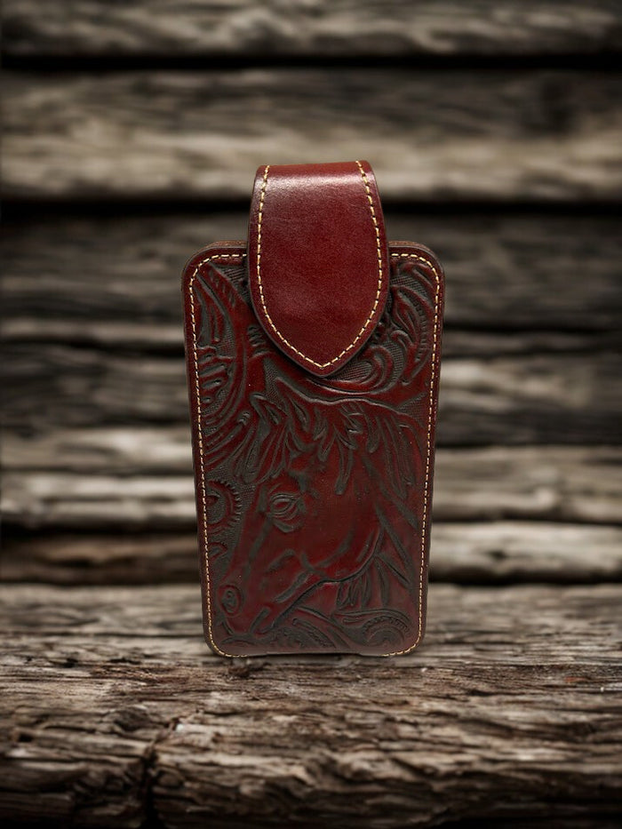 Brown leather phone case with a embossed Horse design.  Front View