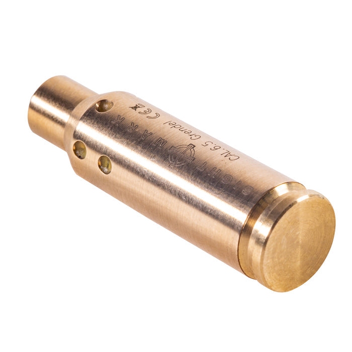 Bottom view of 6.5 Grendel boresight cartridge with brass finish for hog and varmint hunting